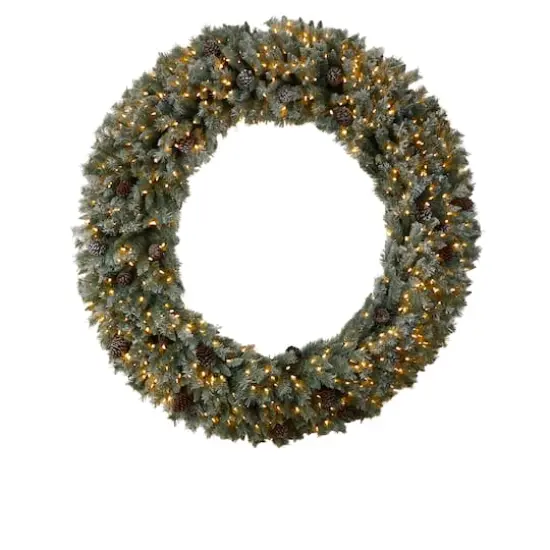 6ft. Clear LED Lights Flocked Christmas Artificial Wreath With Pinecones {1}