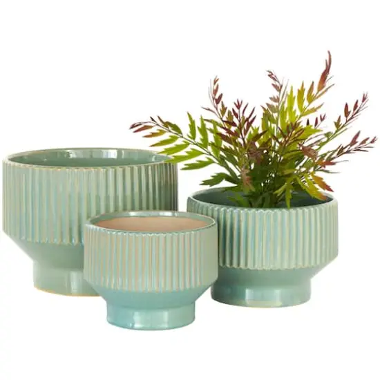 Linear Grooves Wide Ceramic Planter Set Green {1}