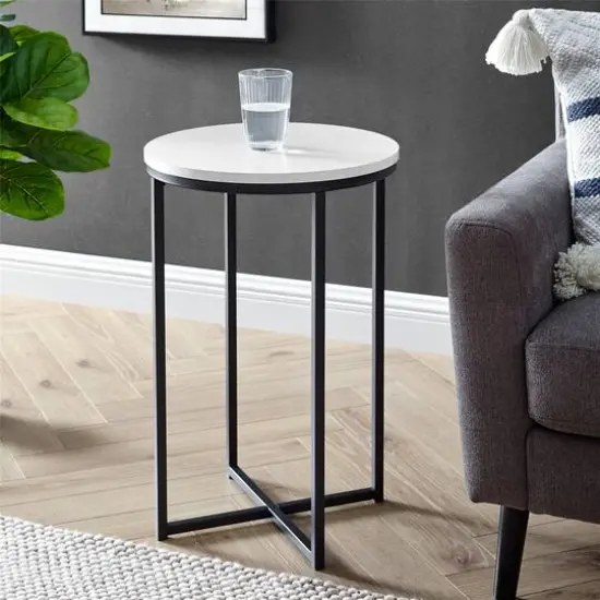 Walker Edison 16" Glam Round Side Table Faux White Marble/Black {4}