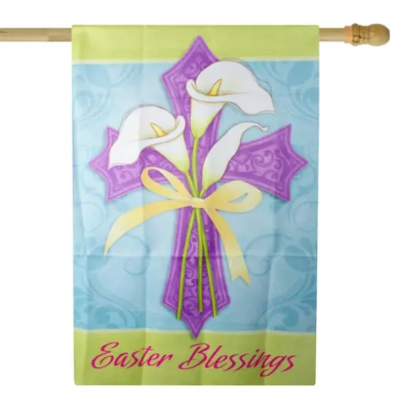 Multicolor Easter Blessings Cross & Lilies House Flag {1}
