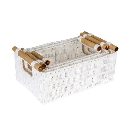 Household Essentials Paper Rope with Wooden Handles Basket Set White {1}