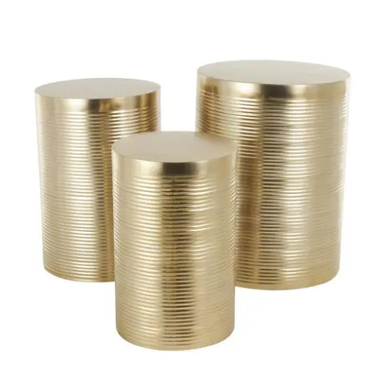 Gold Metal Metallic Ribbed Drum Accent Table Set {9}