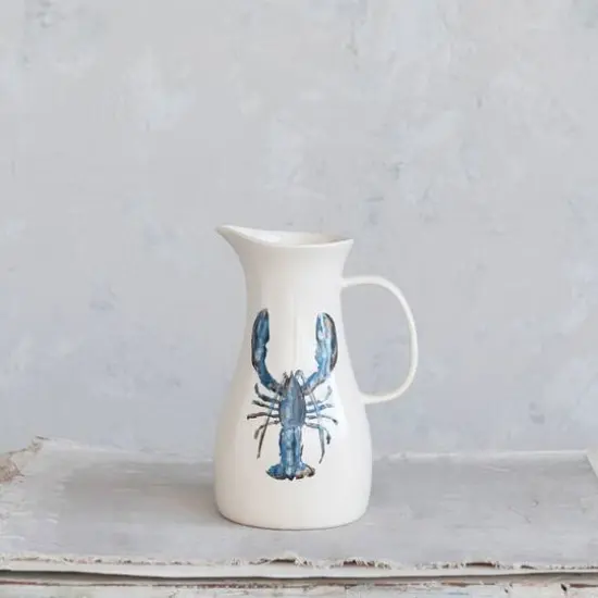 Hello Honey&reg; 2qt. White & Blue Lobster Print Stoneware Pitcher {3}