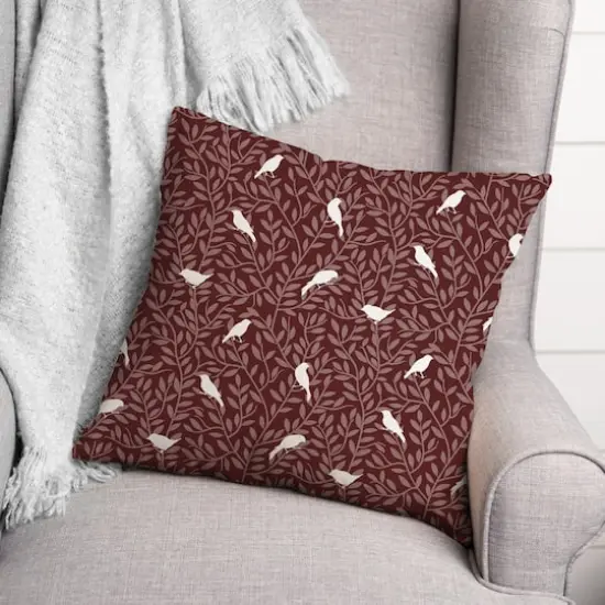 18" Birds On Leaves Indoor/Outdoor Pillow Maroon {3}