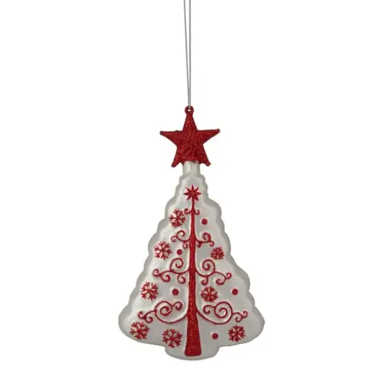 6" White & Red Christmas Tree Glass Ornament {1}