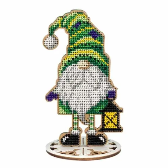 Wonderland Crafts Green Gnome with Lantern Bead Embroidery on Wood Kit {1}