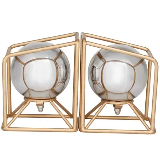 6" Silver Stainless Steel Orb Geometric Bookends with Gold Base Set {5}