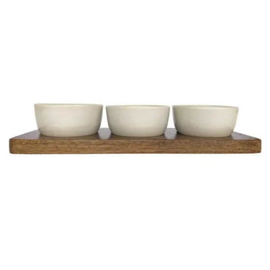 Hello Honey&reg; Cream Stoneware Bowls & Natural Mango Wood Tray Set {11}