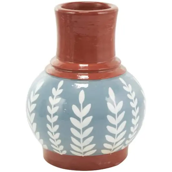 9" Blue Ceramic Floral Vase with Terracotta & White Detailing Set {6}