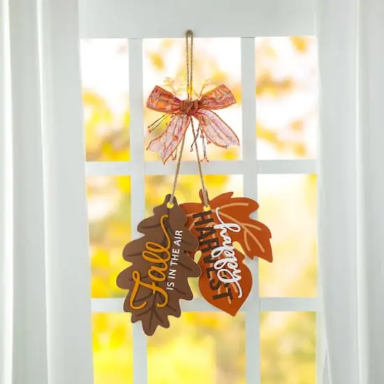 Glitzhome&reg; 24.5" Fall Wood Maple Leaves with Bowknot Door Hanger {3}