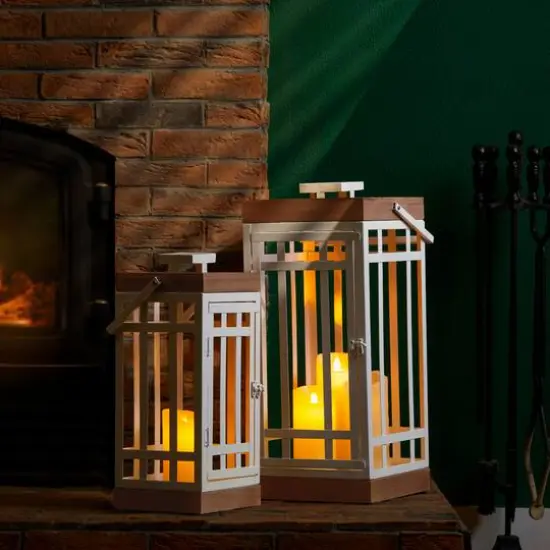 Glitzhome&reg; White Modern Square Metal & Wood Lanterns Set {7}