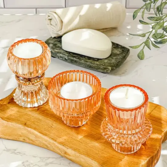 Kate Aspen&reg; Assorted Vintage Ribbed Rose Gold Pink Glass Candlestick Candle Holder Set {4}