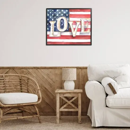 Stupell Industries Vintage Love Text Over Stitched American Flag Framed Giclee Art Black {3}