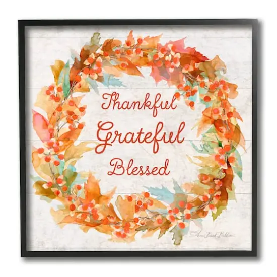 Stupell Industries Autumn Foliage Wreath Thankful Grateful Blessed Text Black Framed Wall Art {1}