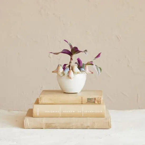 Hello Honey® 5" Multicolor Reactive Glaze Stoneware Planter with Birds on Rim {5}