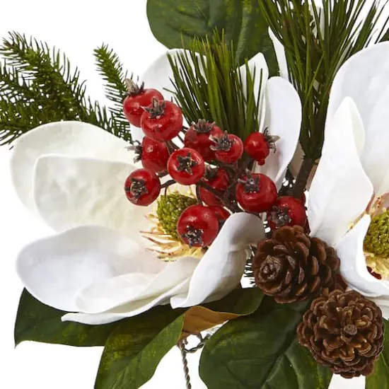 12" Magnolia, Pine & Berry Arrangement in Glass Vase {3}