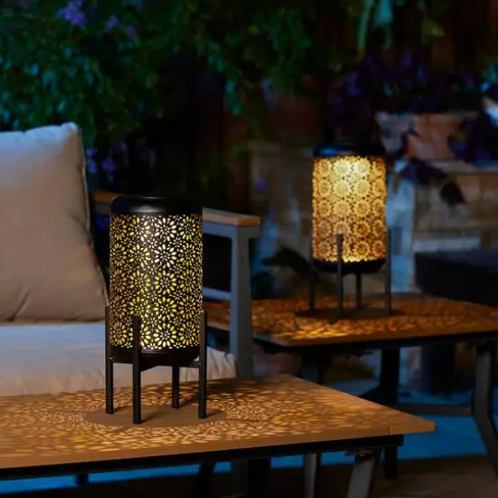 Glitzhome&reg; 14.25" Black Metal Cutout Flower Pattern Solar Powered LED Outdoor Lanterns, 2ct. {5}