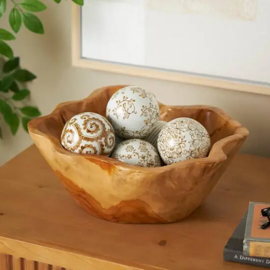 3.5" White & Brown Floral Ceramic Decorative Ball Orbs Set {3}