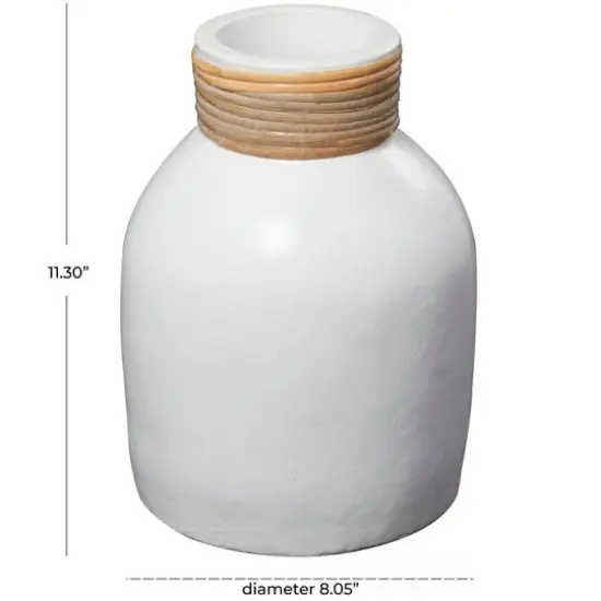 11" White Ceramic Vase with Wrapped Rattan Detailing {6}