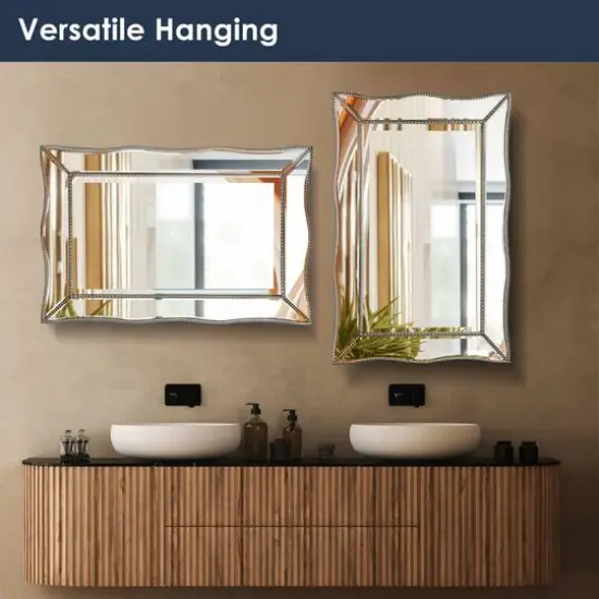 Head West Champagne Silver 24" x 36" Beaded Glass Scalloped Beveled Accent Vanity Mirror {7}