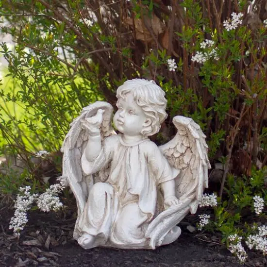 10" Ivory Cherub Angel on Knee with Dove Garden Statue {3}