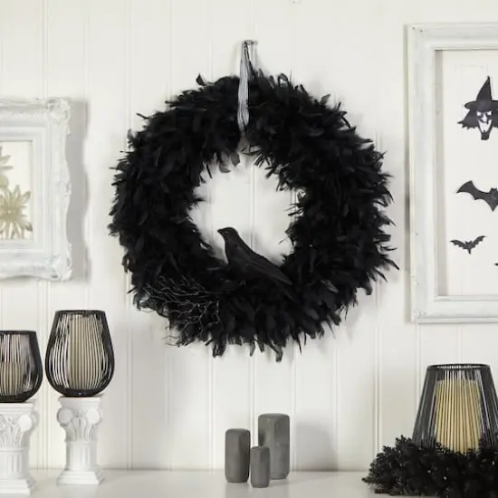 30" Halloween Raven Feather Wreath {4}