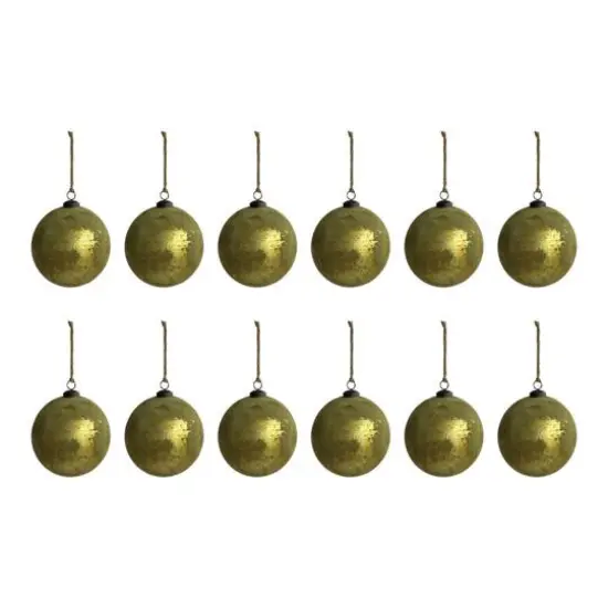Hello Honey&reg; 12 Pack 4" Matte Olive Green & Gold Distressed Glass Ball Ornaments {1}