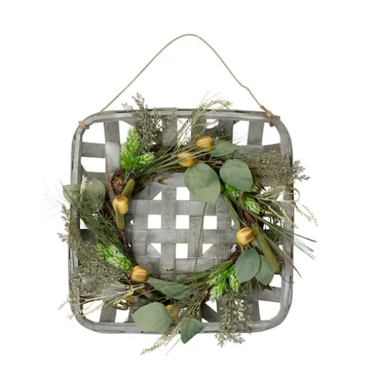 18" Green Hop & Cattail Grapevine Wreath in a Wooden Tray Hanger {1}