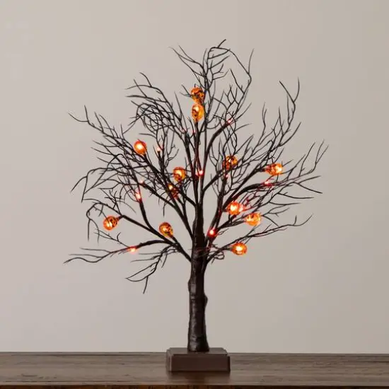 22in. Pre-Lit Artificial Halloween Brown Twig Tree with 12 Orange LED Pumpkin Shaped Lights {7}