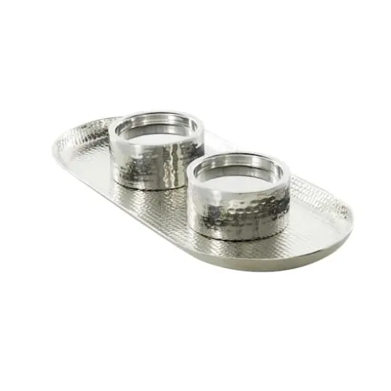 16" Silver Stainless Steel Metal Hammered Candle Holder with Oval Tray Plate {9}