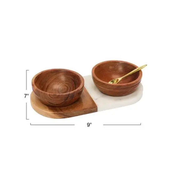 Hello Honey&reg; Acacia Wood & Marble Tray with Acacia Wood Bowl Set {6}