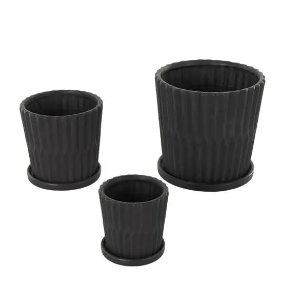 Black Double Ribbed Textured Ceramic Planter Set {9}