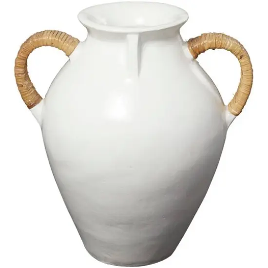 19" White Ceramic Jug Inspired Vase with Rattan Wrapped Handles {6}
