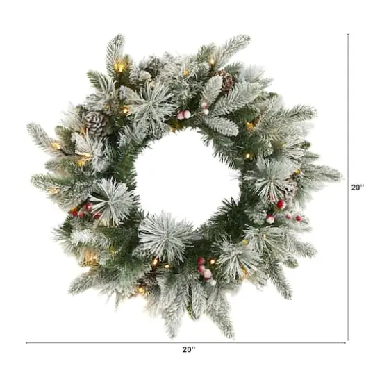 20" LED Flocked Mixed Pine & Berry Artificial Christmas Wreath {6}