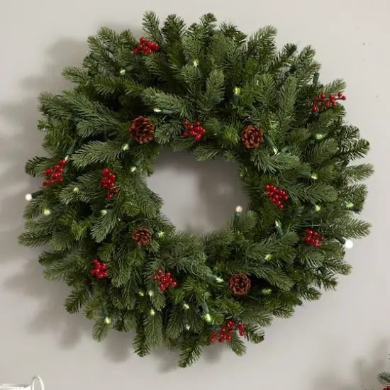 30" Pre-Lit Berries & Pinecones Wreath {7}