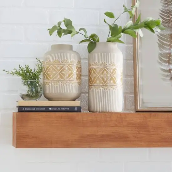 Set of 2 Beige Ceramic Boho Style Vase 9", 11" {8}