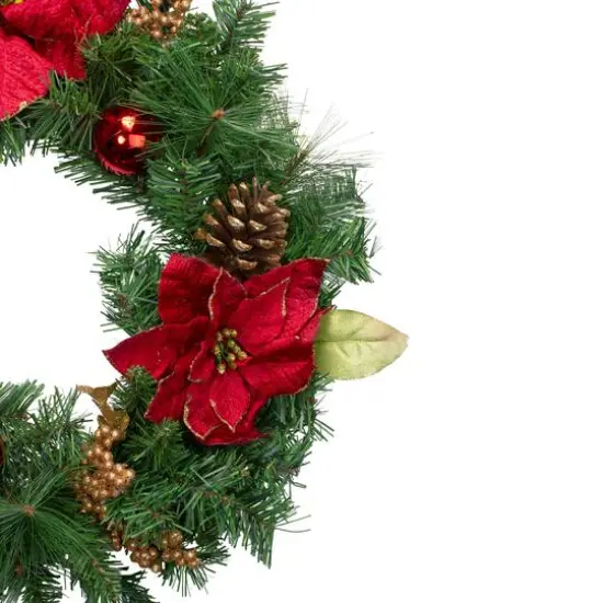 24" Red Poinsettias Gold Pinecones & Berries Artificial Wreath {5}