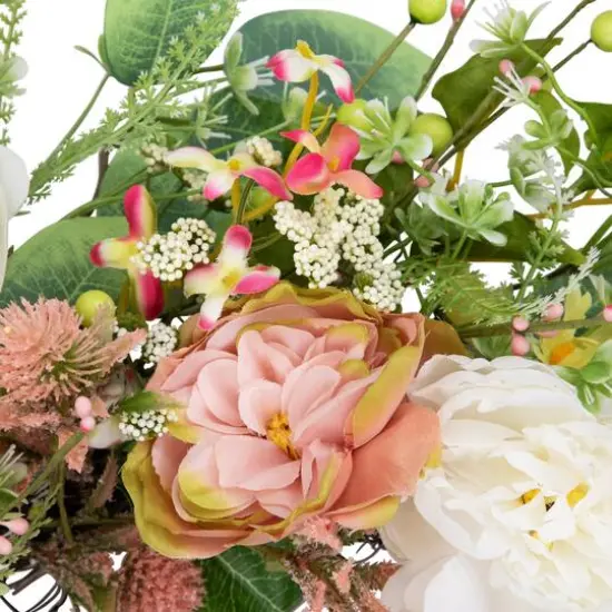 26" Pink & Yellow Rose & Hydrangea Floral Spring Wreath {6}