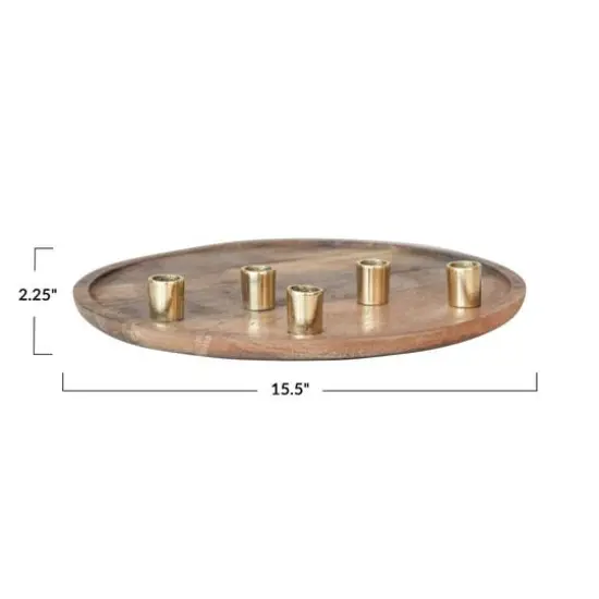 Hello Honey&reg; 15.5" Decorative Natural & Gold Finish Mango Wood & Aluminum Tray Taper Candleholder {6}