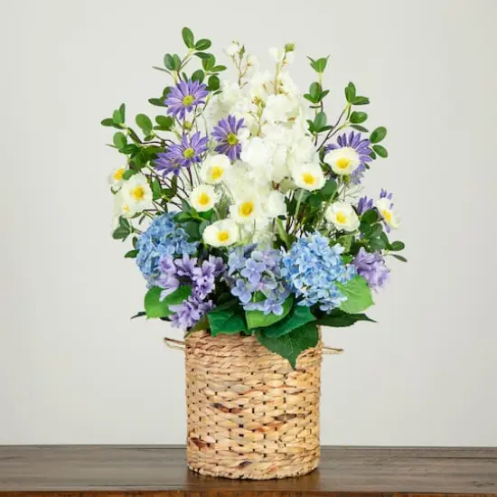 2.5ft. Artificial Mixed Flower & Hydrangea Arrangement in Hyacinth Weave Basket {4}
