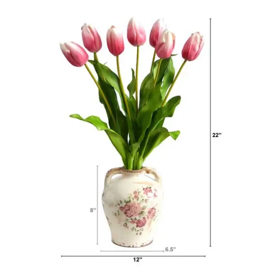 22" Pink Dutch Tulip Arrangement in Flower Print Jar {3}