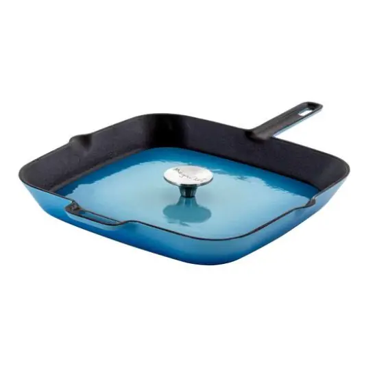 MegaChef 11" Square Blue Enamel Cast Iron Grill Pan with Matching Grill Press {1}