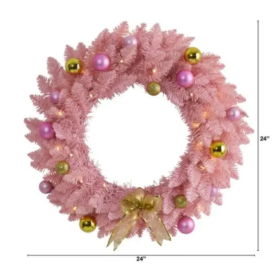 24" LED Pink Artificial Christmas Wreath with Ornaments {6}