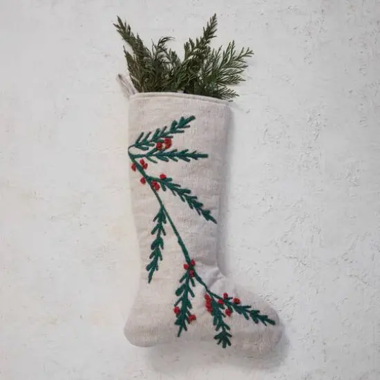 Hello Honey&reg; 20" Natural White, Green & Red Woven Cotton & Jute Stocking with Embroidered Holly & Berries {3}