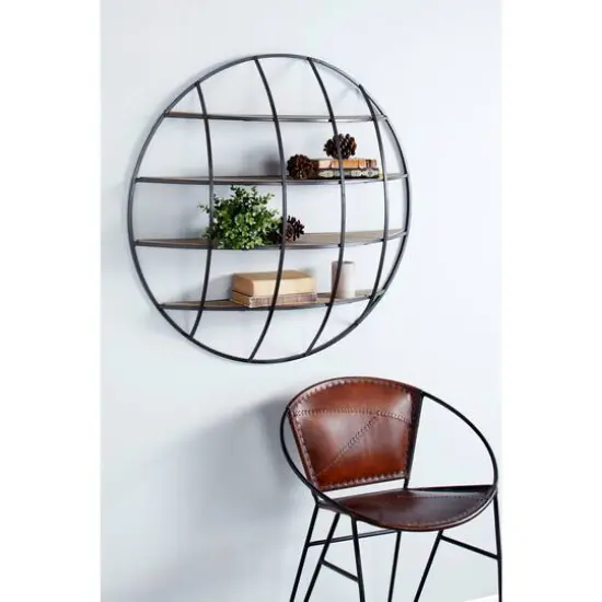 36" Light Brown Iron Round Wall Shelf Unit  {8}