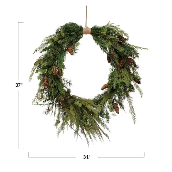 Hello Honey® 31" Faux Pine Wreath with Pinecones & Wrapped Jute Hanger {4}