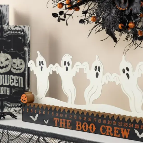 Glitzhome&reg; 18"L Halloween Wooden & Metal White Ghost Silhouette Countdown Table Sign {4}