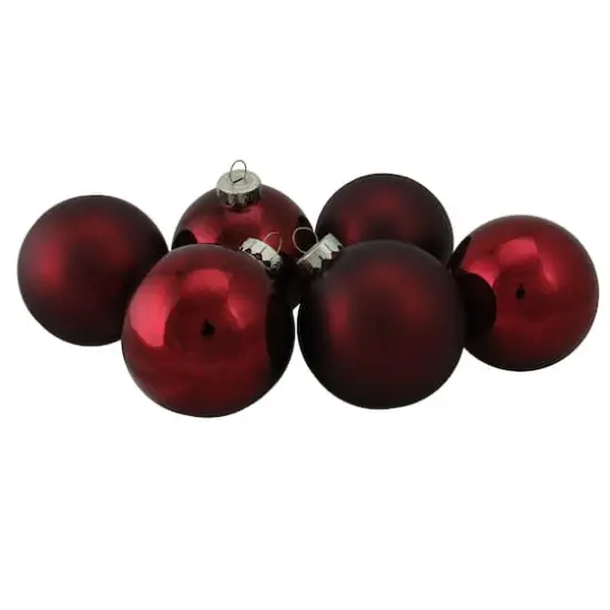 6ct. 3" Burgundy Red 2-Finish Glass Ball Ornaments {1}