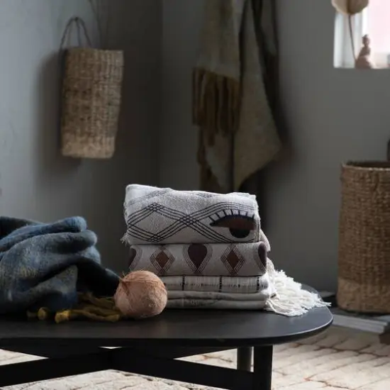 Hello Honey&reg; Recycled Cotton Blend Printed Throw Blanket with Eye Pattern and Fringe, Cream and Brown {5}