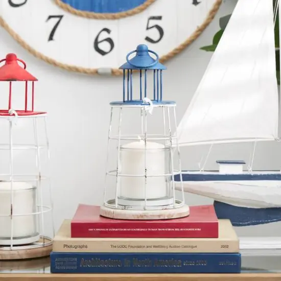 12" Blue Metal Distressed Decorative Light House Candle Lantern {9}